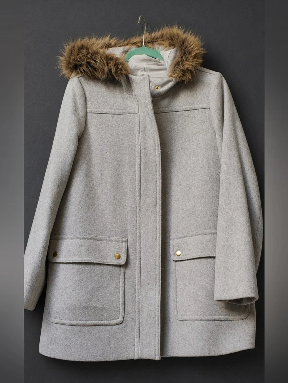 J. Crew Light Gray Wool-Blend Pea Coat with Faux Fur Trimcrew Size 12